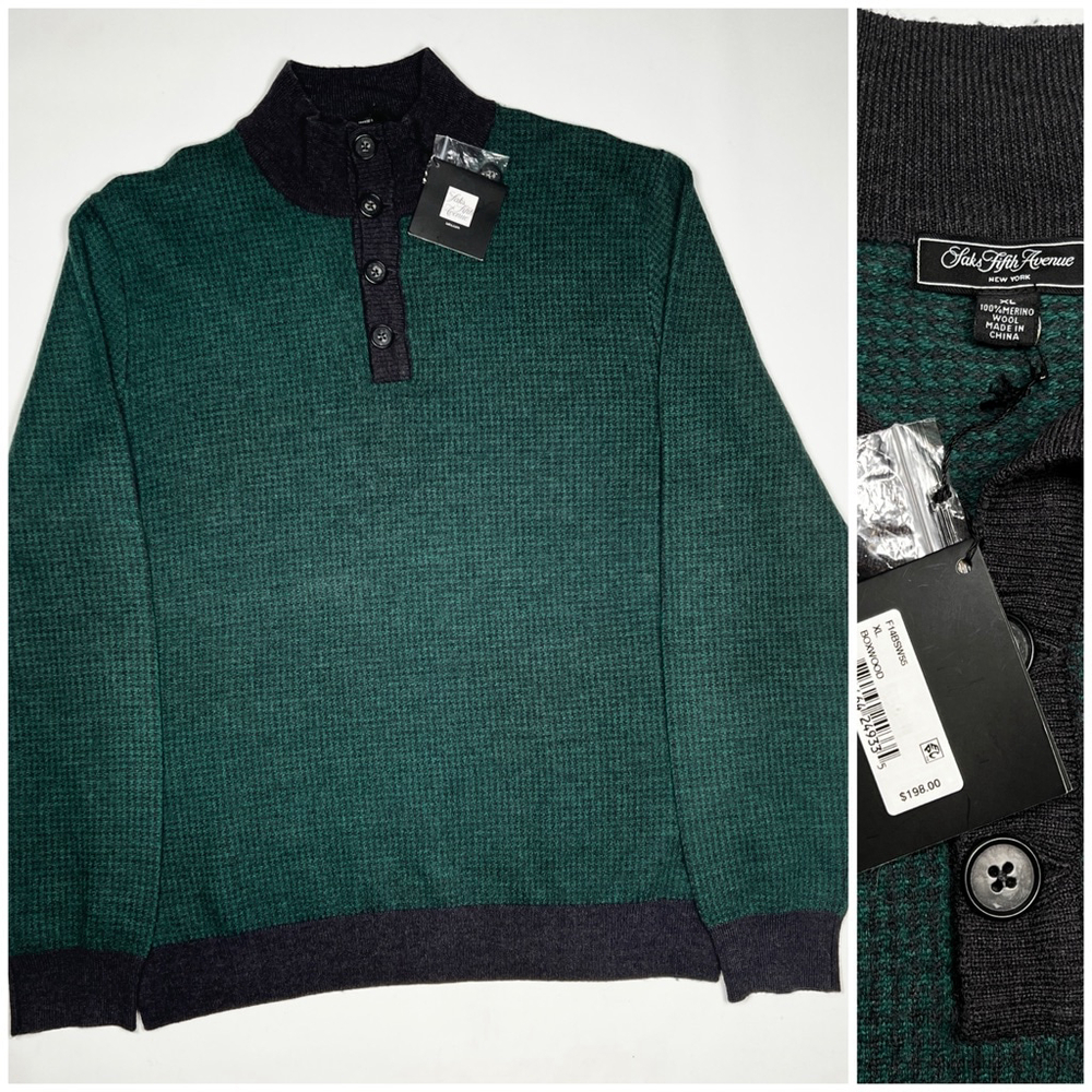 NWT Mens Saks Fifth Avenue Green Gray 10% Merino Wool Quarter Button Sweater XL